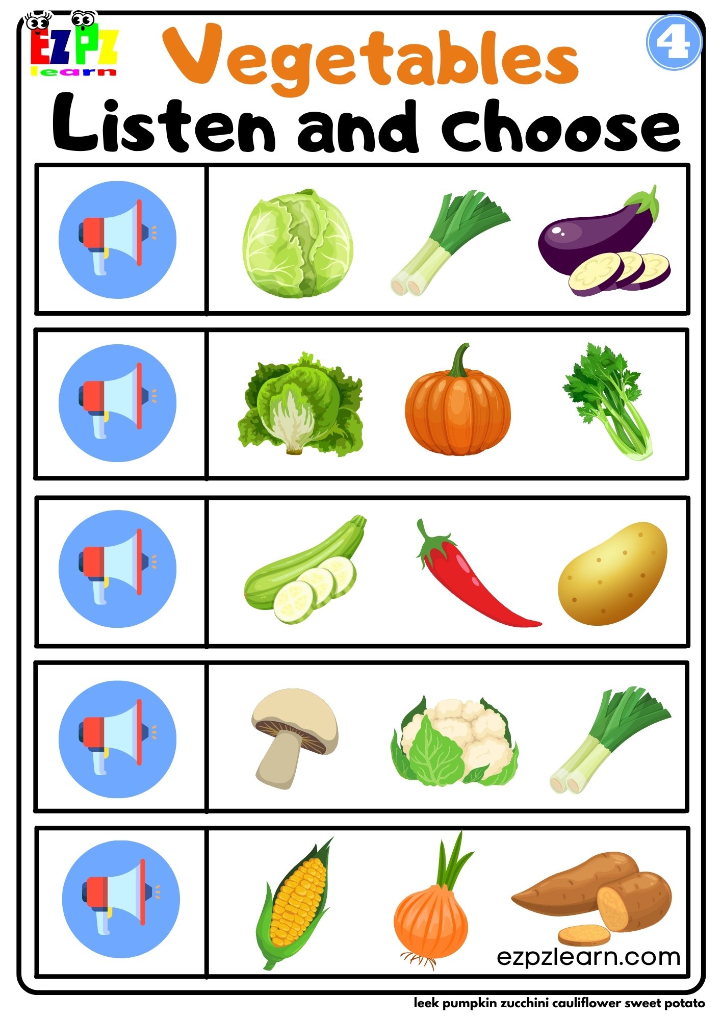 Interactive Worksheet for Vegetables Listen and Choose the Correct